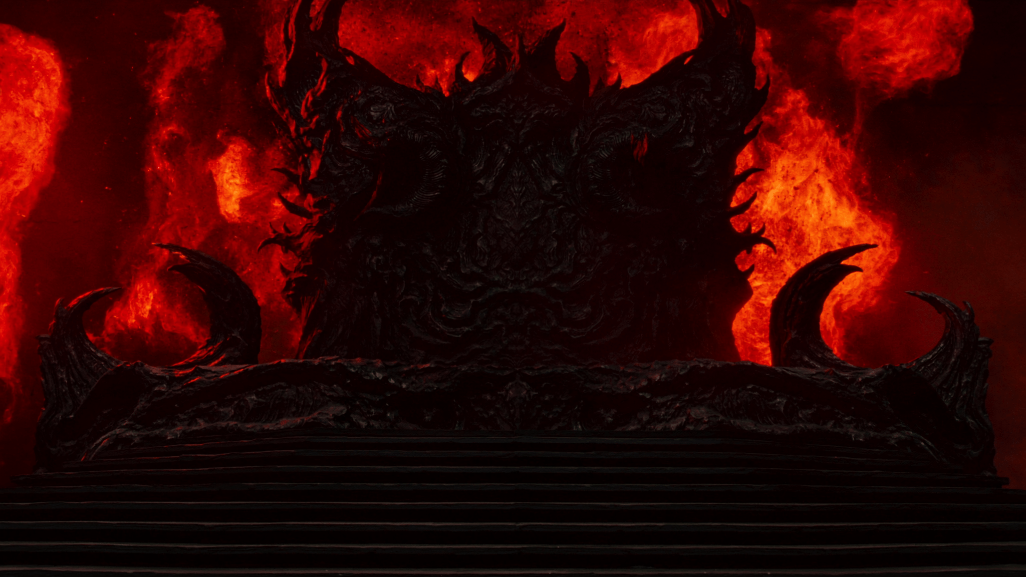 An enormous black infernal throne surrounded by fire