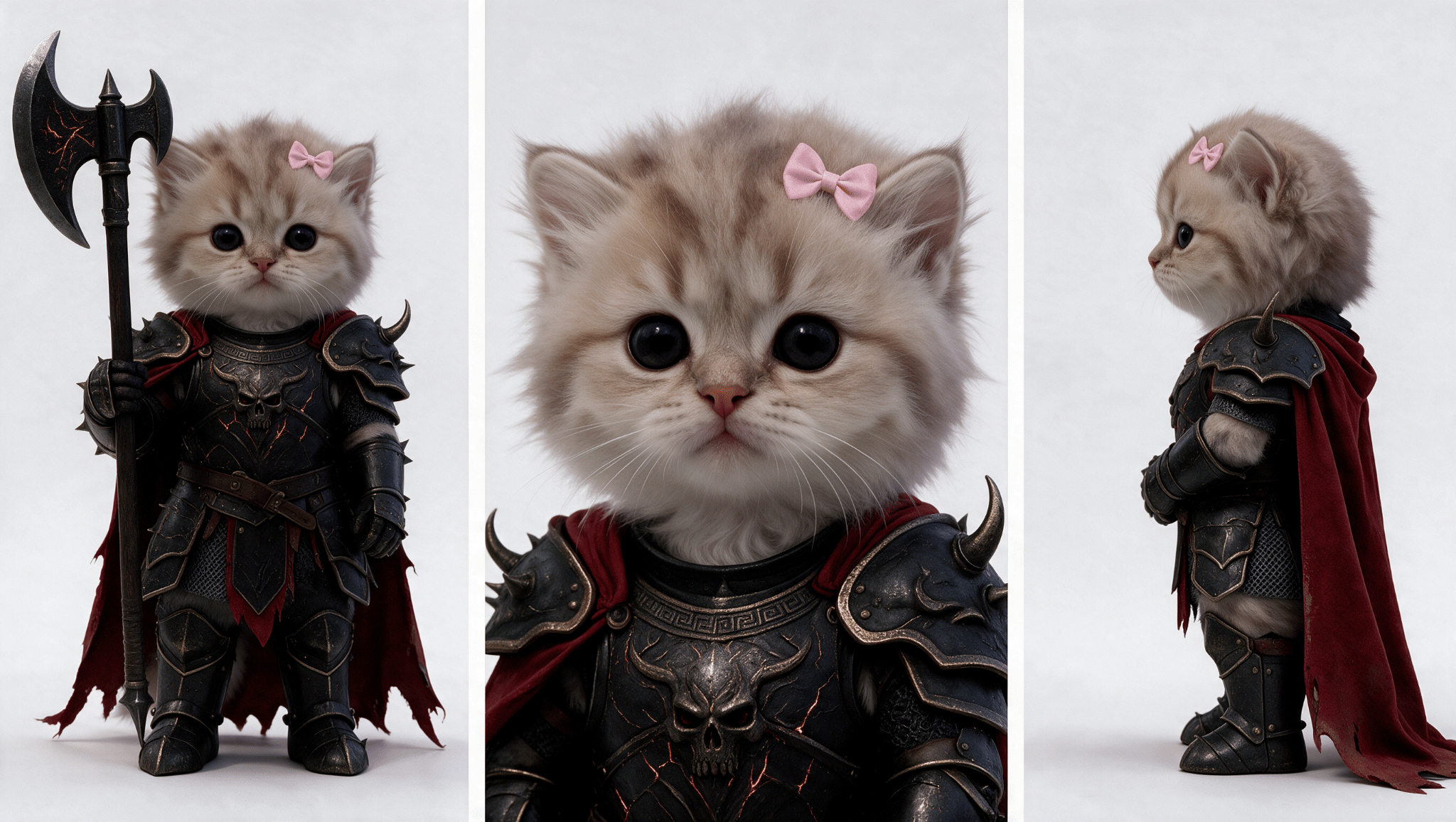 Three views of a cream kitten with a pink bow, black armor, a red cape, and a battle axe
