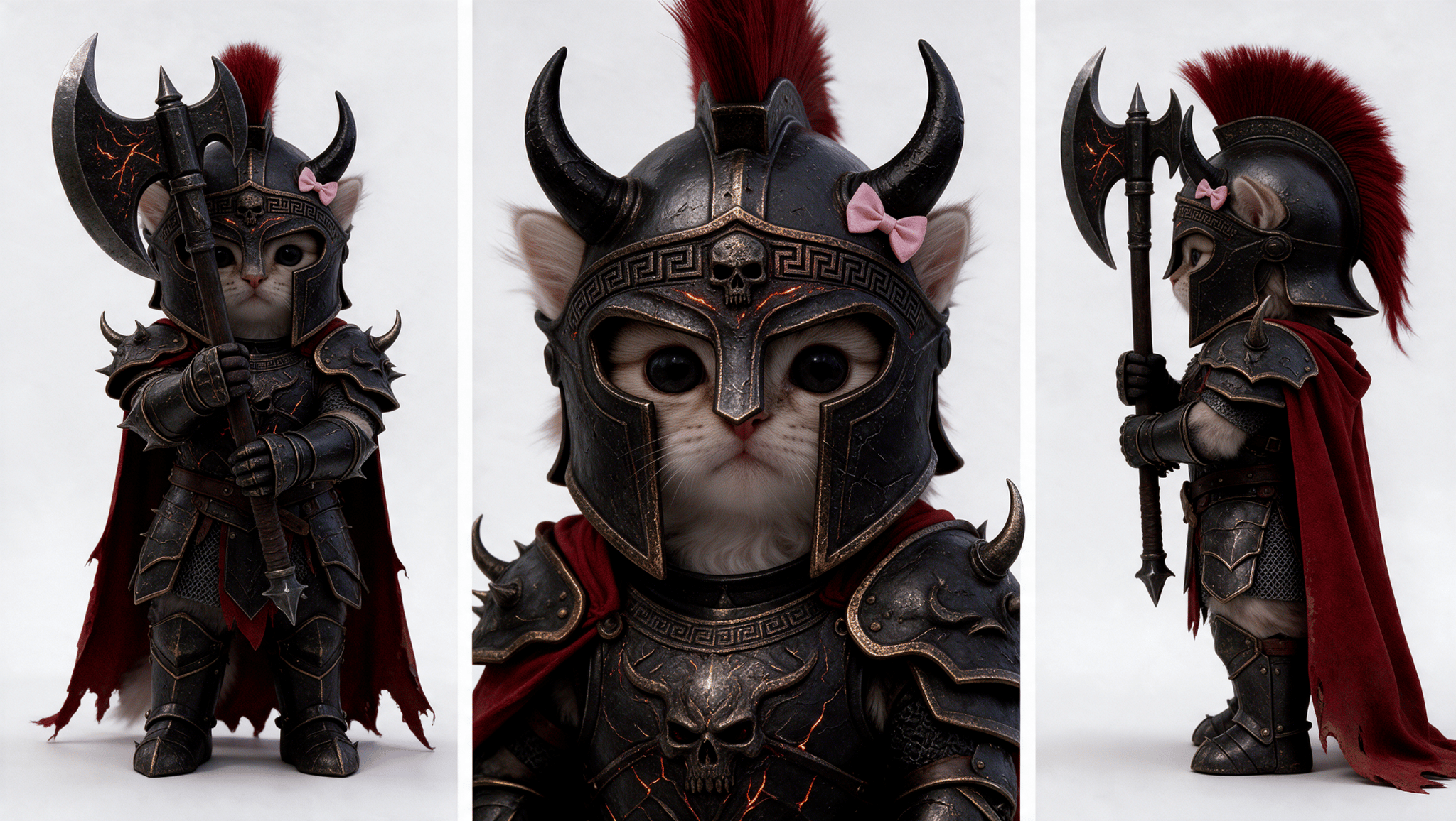 The same armored kitten wearing a curved-horn black helmet with a red crest and visible eyes and muzzle