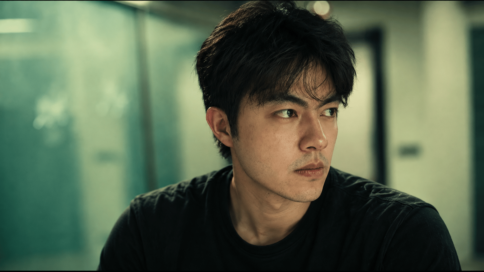 Identity reference of the young East Asian male protagonist with short black hair and a dark shirt