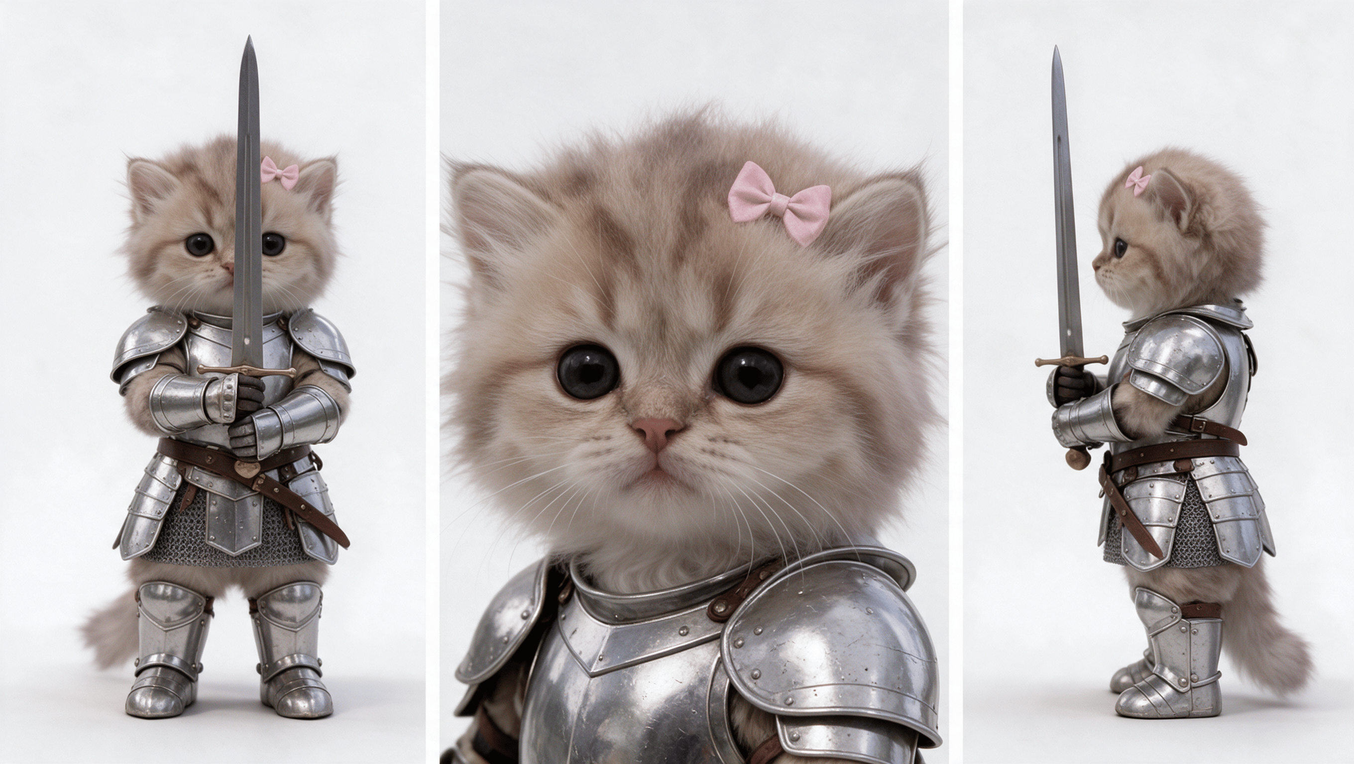 Front view, facial close-up, and profile of the cream kitten knight wearing silver plate armor and a pink bow